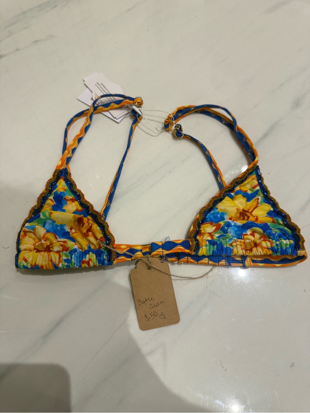 Blue & Yellow Printed Bikini Top with Scalloped Trim